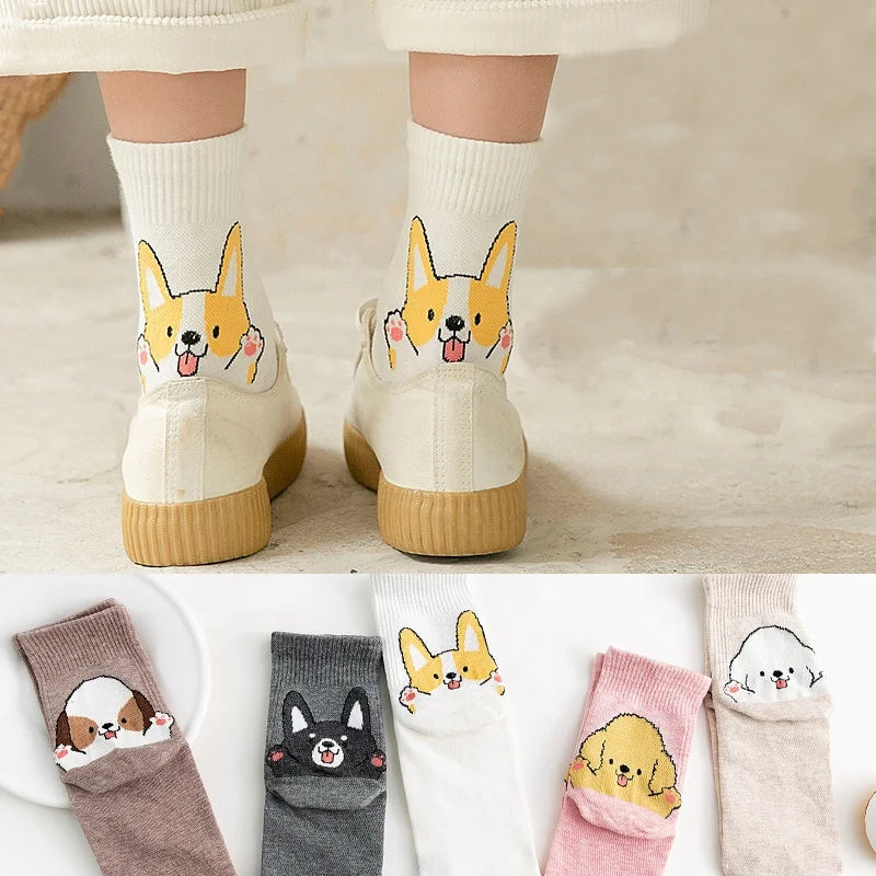 Wholesale Korean Cute Corgi Dog Print Socks Funny Cartoon Animal Cotton Crew Socks for Women