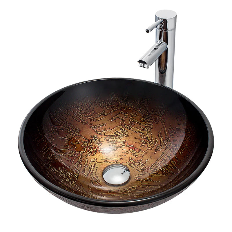 Boweiya Modern Brown Round Table Top Hand Washing Wash Basin Bathroom Sink Sets with Tempered Glass Easy Clean & Eco-Friendly MegaBDM