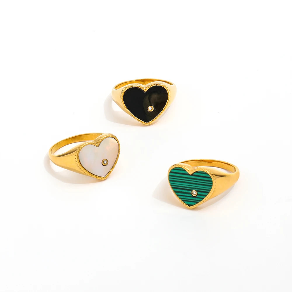 Fenny 18K Gold Plated Wholesale Fashion Romantic Green Black White Heart Round Shell Finger Ring Trendy for Women