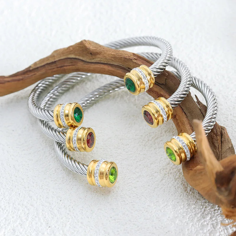 2023 Fashion Stainless Steel Colorful Zircon Round Tipped Bangle Open Bracelets Jewelry for Women
