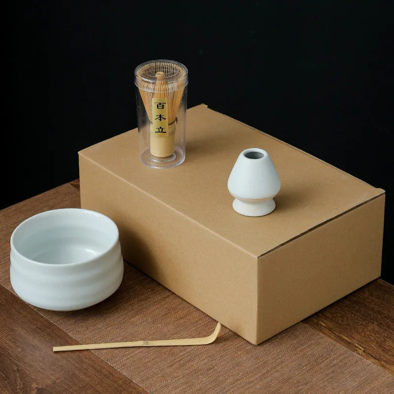 Japanese Matcha Whisk Tea Set Matcha 4PCS Pottery Bowl with Holder and Spoon