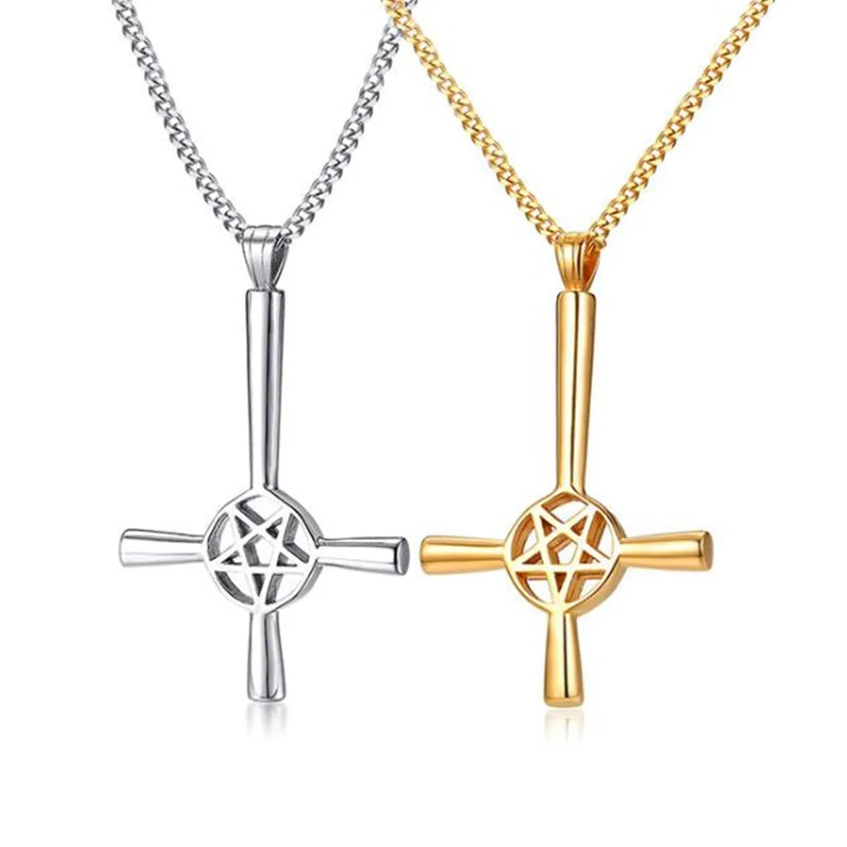 Men Pendant Inverted Cross Pentacle Pentagram Star Necklace Chain Satanic Religious Choker Silver Golden
