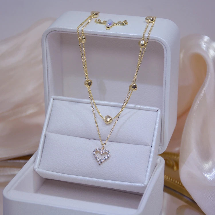 G315 Shining Bling Double Layer Heart Necklace Cubic Zircon Clavicle Chain Heart Pendant Necklace