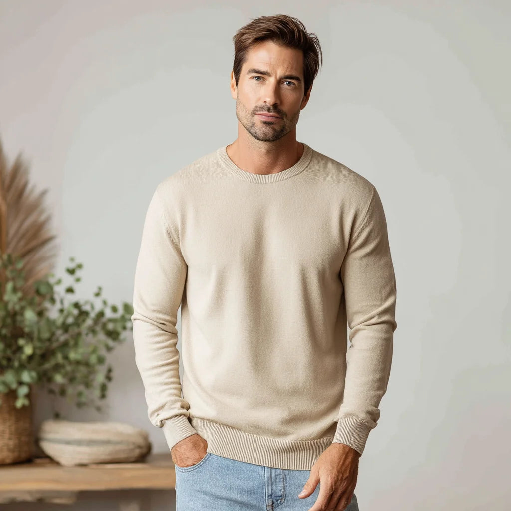 Men's Lightweight Organic Cotton Crewneck Sweater Sustainable Spring Knitwear with Anti-Wrinkle and Breathable Features