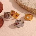 Dreamshow Engraved Square Zircon Heart Signet Ring Gold Plated Jewelry Tarnish Free Jewelry 316L Stainless Steel