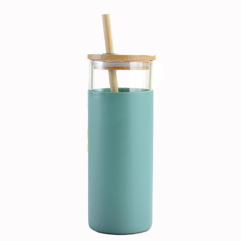 Popular Hot Sale on Bamboo Straw Glass Water Bottle  Cups with Silicone Sleeve and  Bamboo Lid