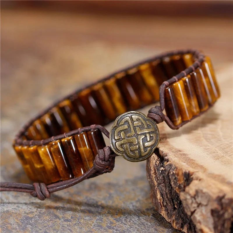 YueTong Tiger Eye Beads Leather Wrap Bracelet Natural Stone Tube Bead Cuff Bracelet Unique Bohemian Jewelry Wholesale Dropship
