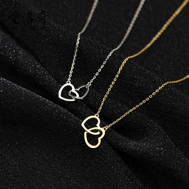 925 Sterling Silver Interlocking Love Heart Shape Pendant 18K Gold Plated Necklaces Fashion Women Jewelry
