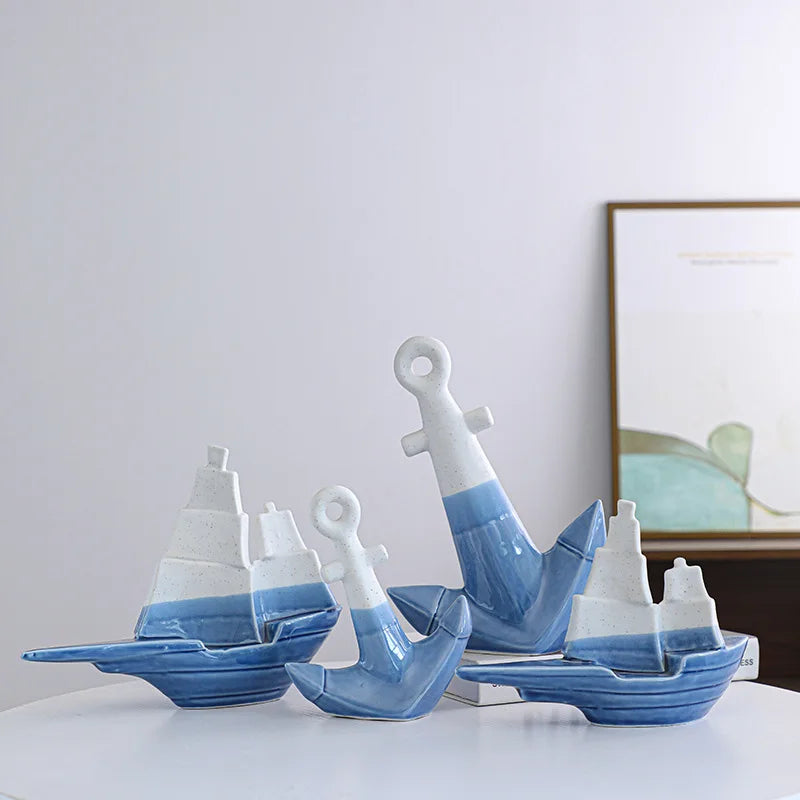 Good Quality Home Table Decoration Seaside Themed White Blue Ceramic Nautical Anchor Ceramic Sailboat for Sale