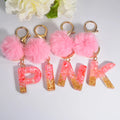 New Style Pink Hot Selling Fur Ball Pompom Resin Letter Keychain Crystal Glue Resin Custom Alphabet Letter Keychains