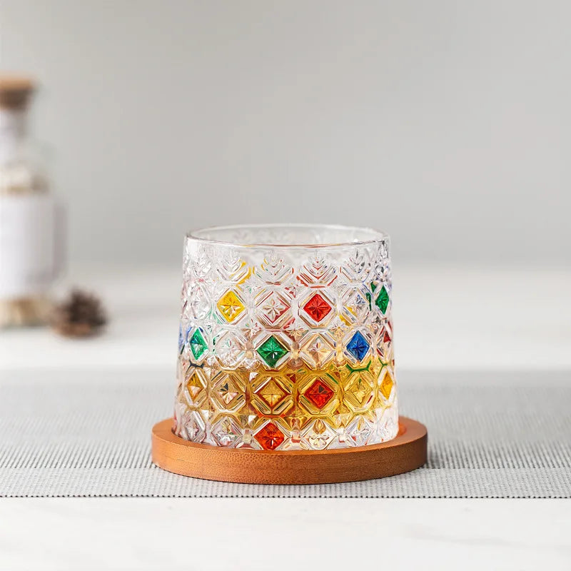 High Transparent Hand Painting Unique Embossed Shot Glass Cups Rotating New Type Whiskey Glasses for Party