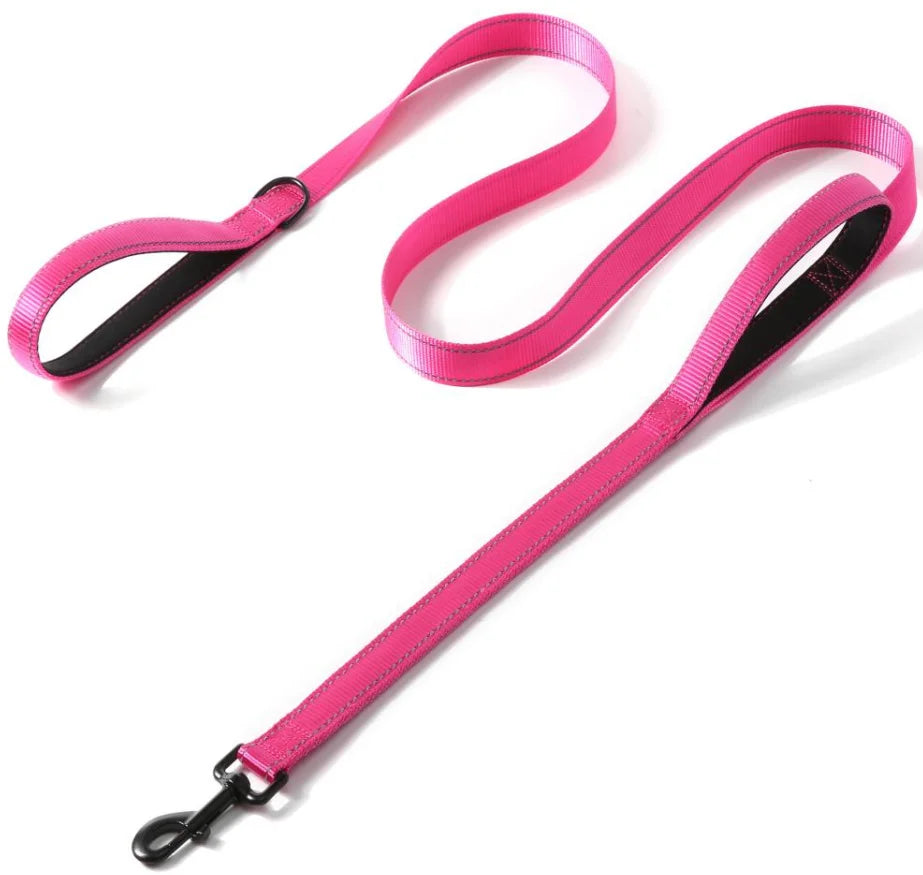 Glow Castle Heavy Duty Double Handle Pet Dog Leash Padded Nylon Reflective Stripe Decorated Ribbons 150cm for Walking Running