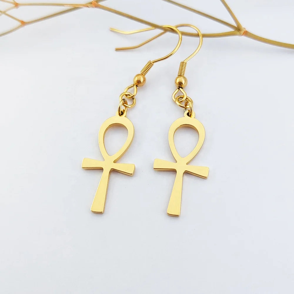 Ankh Cross Earrings Egyptian Jewelry  18K Gold Plated Egypt Ankh Hieroglyphs Cross Dangle Hook Earring Joyeria Acero Inoxidable