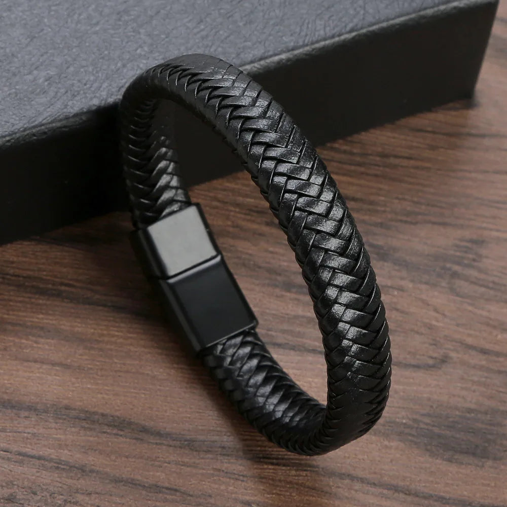 Magnetic-Clasp Leather Bracelets for Men Wrap Braided Leather Bracelets Wrist Cuff Bangle