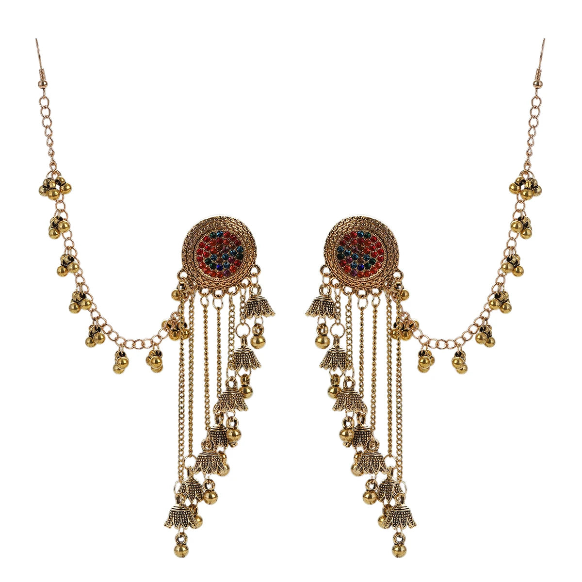 Ethnic Water Drop Gold Tassel Statement Earrings Rhinestone Style Indian Jewelry for Women Bead Pendant Eardrop