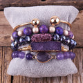5 Piece Stretch Purple Gemstone Crystal Glass Beads Bracelet Elastic Alloy Jealousy Star Metal Druzy Bangle Stack Bracelet Sets