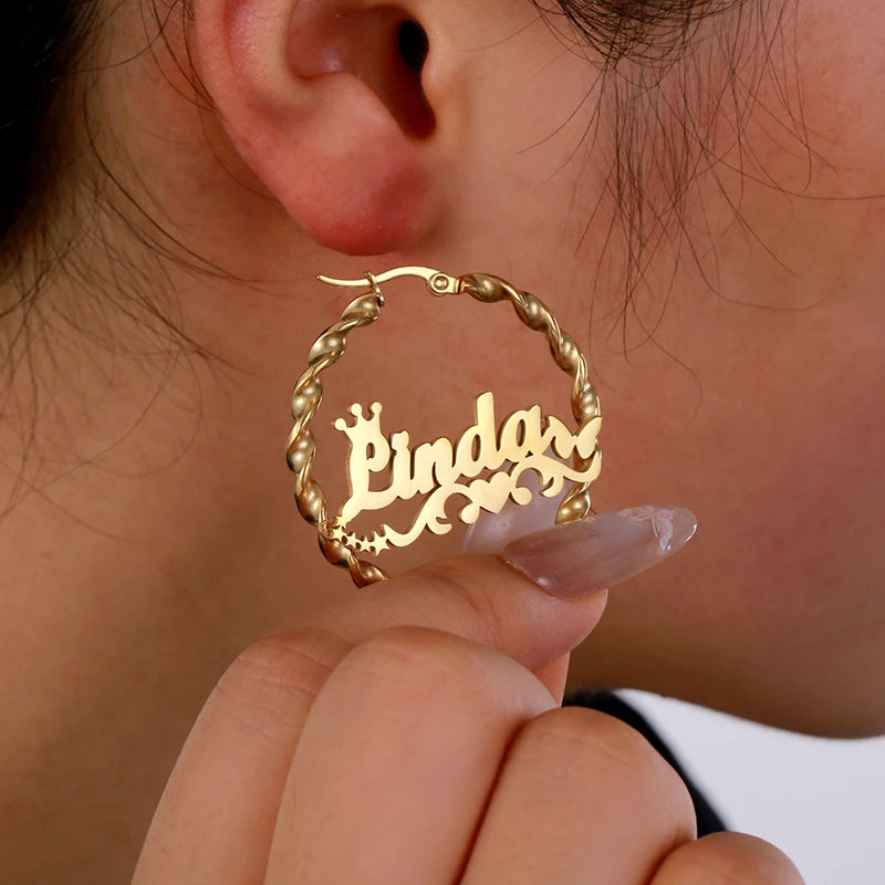 Customized Name Earrings Stainless Steel Twist Earrings Gold Nameplate European and American Fashion Anniversary Ladies Jewelry