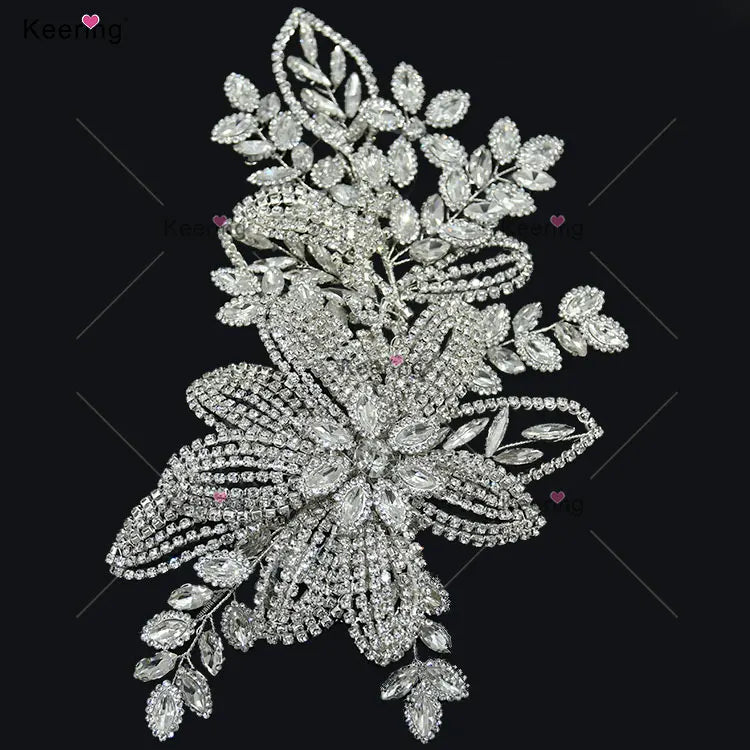 WHD-095   Bling Bling Handmade 3d Appliques Silver Rhinestone Patches Garment Accessories