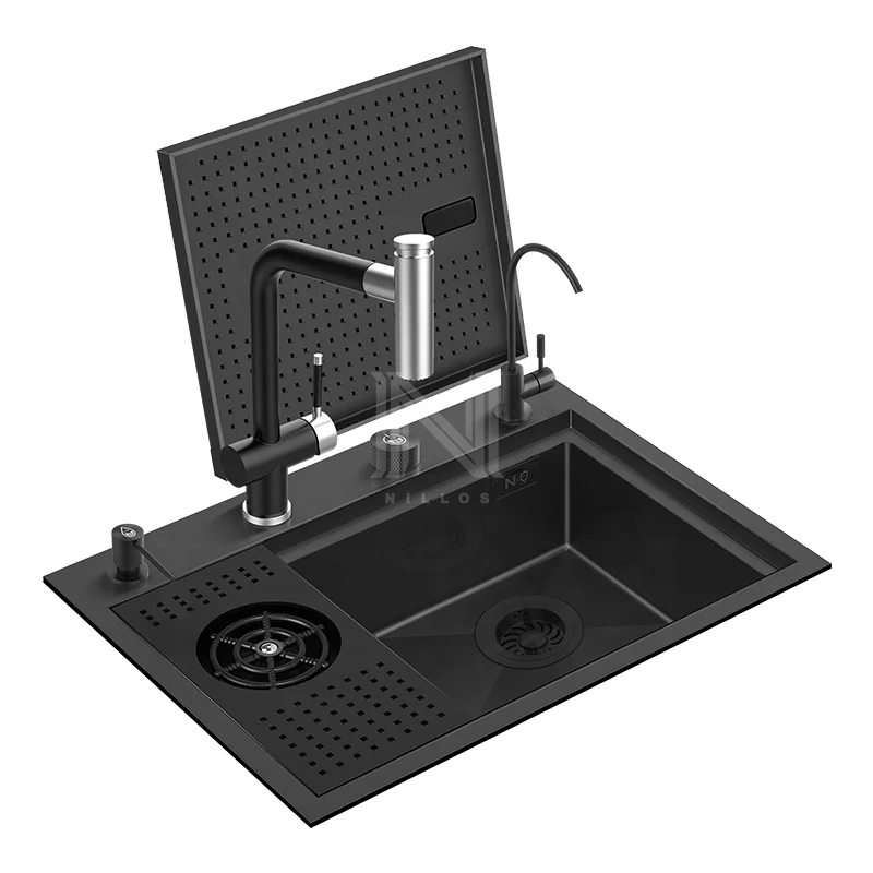 ND5239 Handmade Modern Nano Black 304 Stainless Steel Hidden Single Bowl Kitchen Sink 20.5x15.4inch Faucet for Bar Coffee