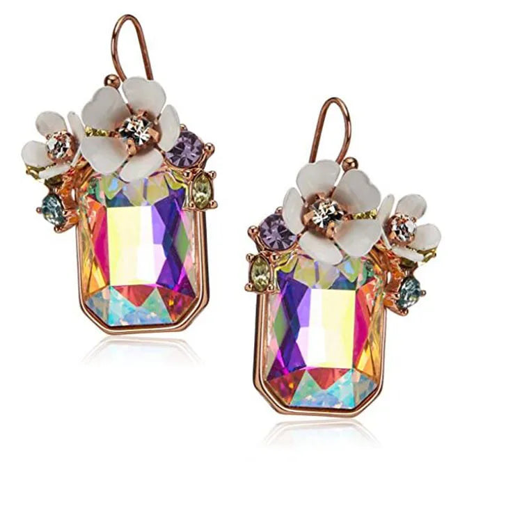 New Brand Flower Cluster Stone Drop Earrings for Women Square Glass Bead Rose Statement Earring Jewelry