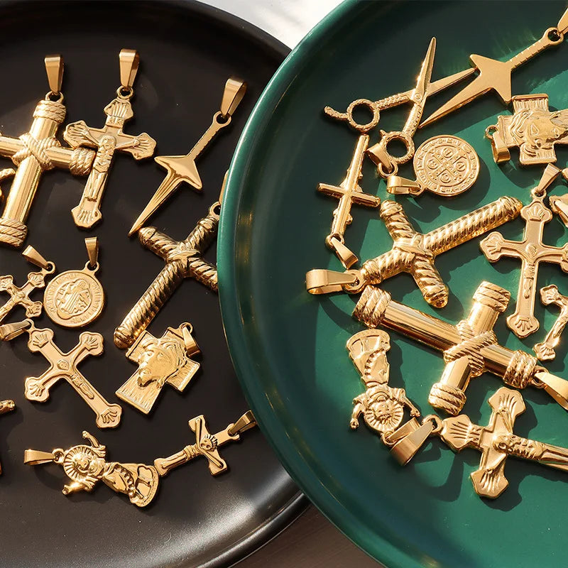 Trendy Jewelry Vintage Exaggerated Gold Stainless Steel Cross Necklace Pendant Cross Charm