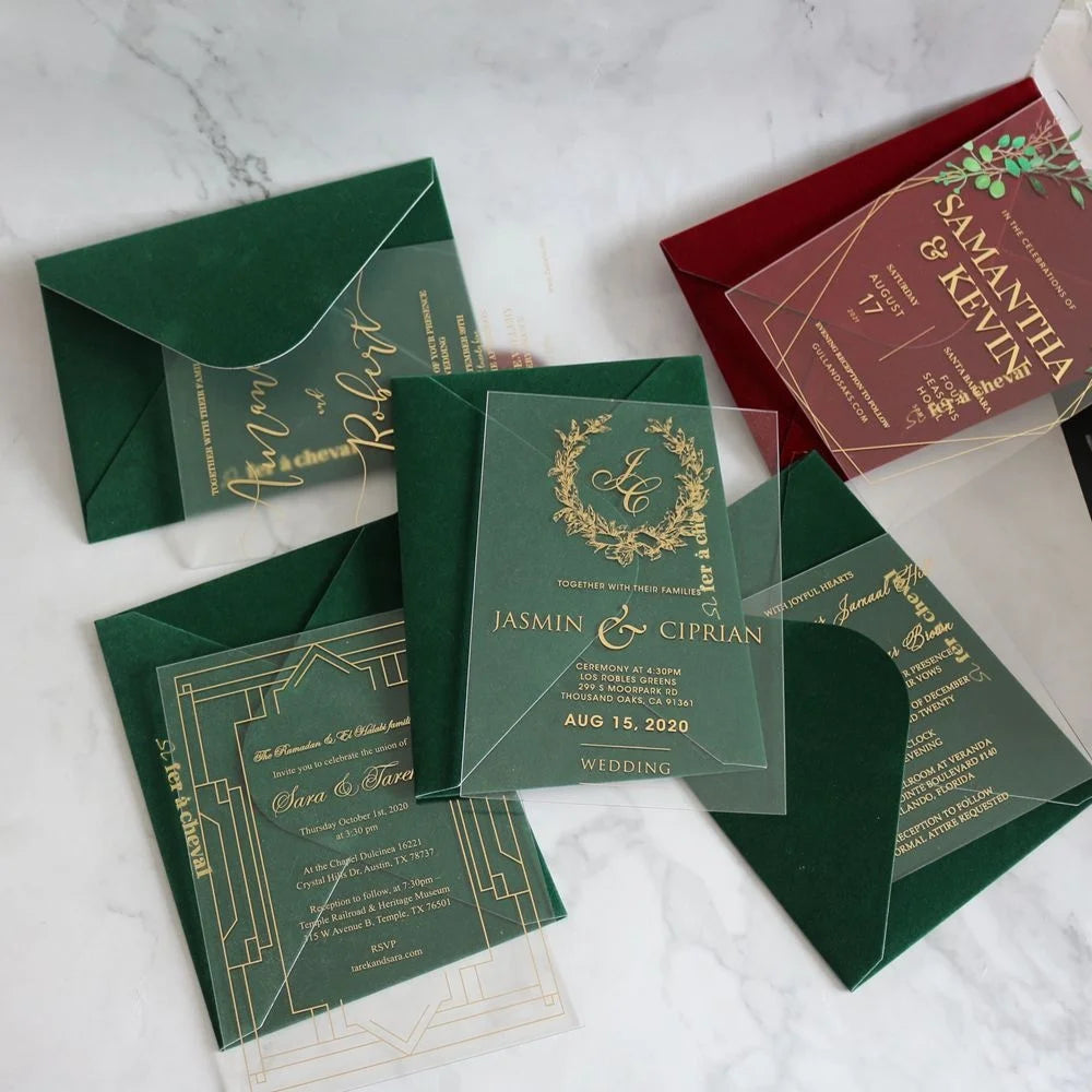 Unique Custom Printed Creative Shape Acrylic With Velvet Envelope Party Stationery Luxury Acrylic Wedding Invitation Cards