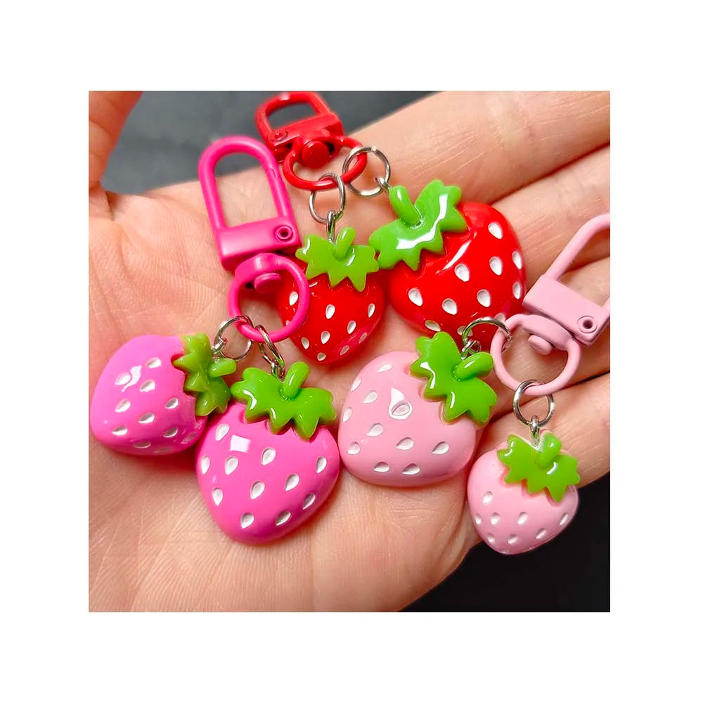 Best Price 10pcs Small Size Red Pink Strawberry Kawaii Resin Cabochon Keychains for Girls Bag Accessories and Gifts