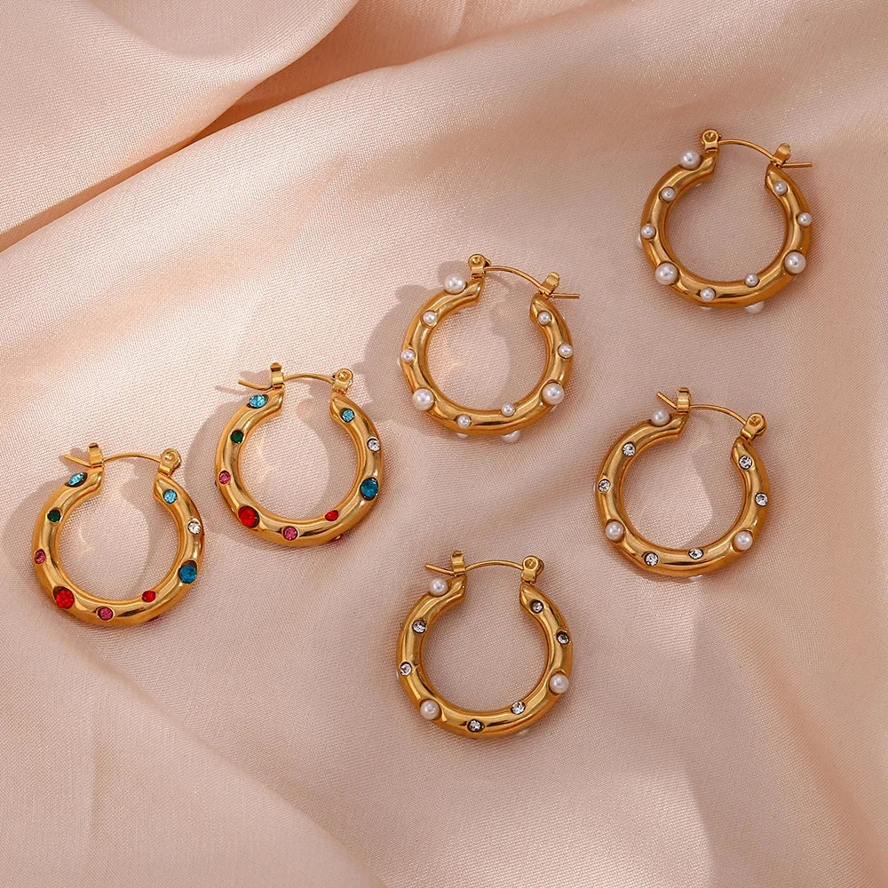Drop Ship Colorful Zircon & Pearl Gold Plated Hoop Earring Stainless Steel Zircon Earrings