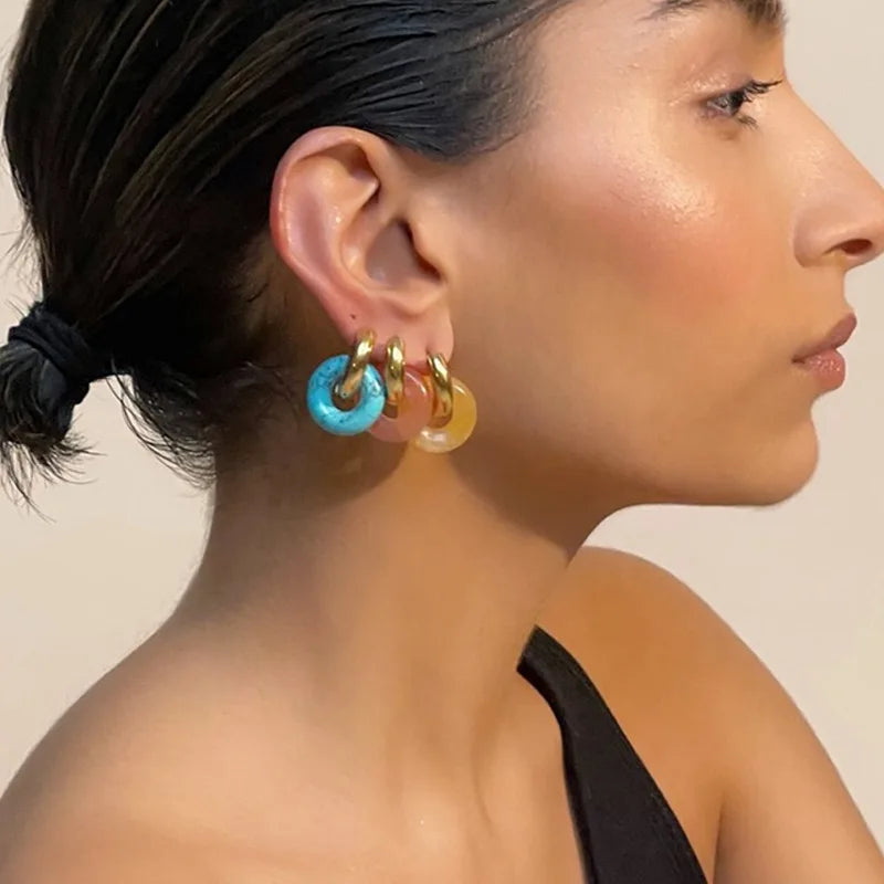 Vintage Natural Stone Earrings Stainless Steel Gold Plated Cross Hoop Earrings for Women Gift
