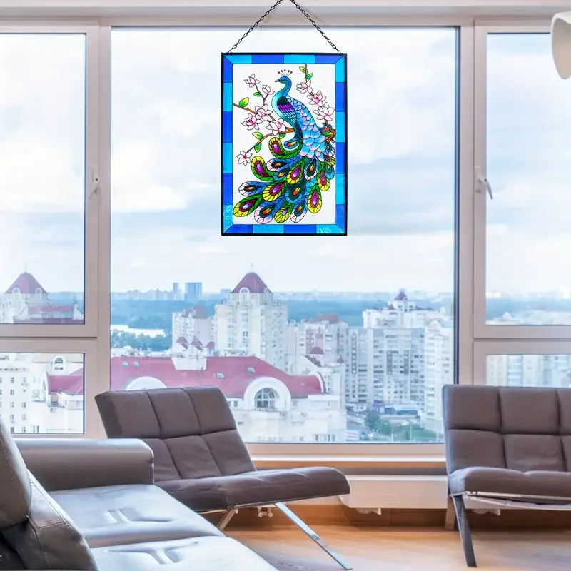 Handmade Painted Peacock Stained Glass | Hanging Garden Wall Window Decor Decorative Suncatcher Panel for Friendship Day