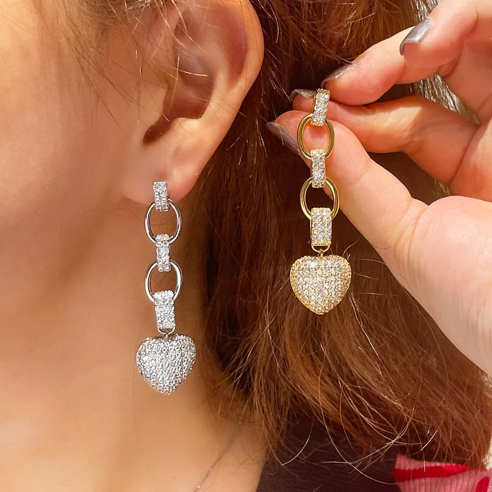 Heavy Full Micro Pave CZ Zircon 18k Gold Plated Cuban Chain Link Heart Long Drop Earring for Women Wedding Dress Jewelry
