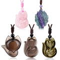 Natural Crystal Fluorite Gemstone Fox Pendant Necklace with Adjustable Woven Rope Chain