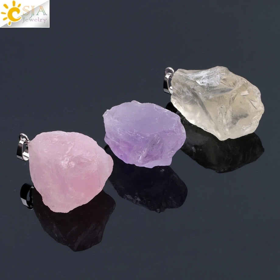 CSJA Natural Raw Crystal Gemstone Necklace Reiki Healing Rose Quartz Irregular Pendant for Necklace Making F070