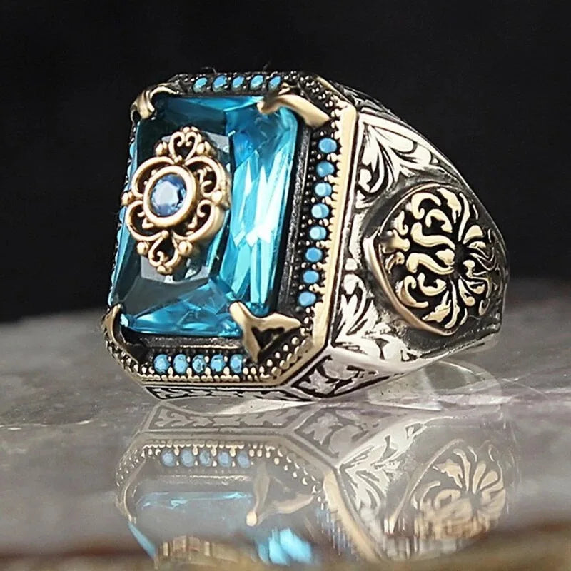 Hip Hop Personality Stylish Ring New Retro Smear Square Gemstone Ring Punk Fashion Men Handmade  Signet Green Zircon Ring