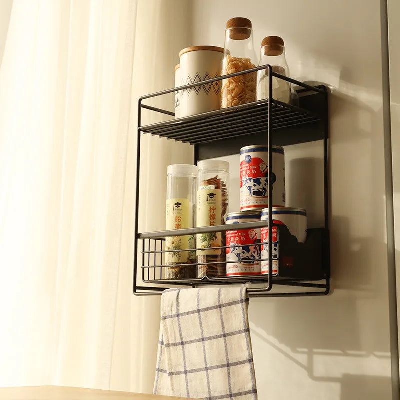 Modern Double-Tier Stainless Steel Magnetic Suction Wall-Mounted Multifunction Organizer Storage Rack Kitchen Spices Washing