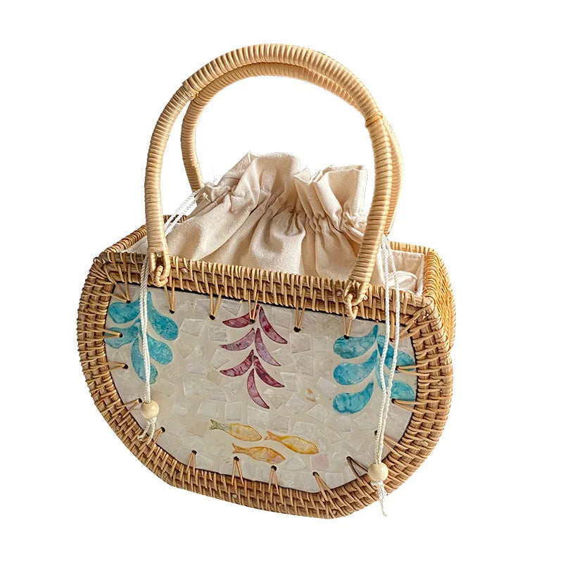Vintage Bohemian Seashell-Shape Latest Style Travel Fashion Wholesale Handmade Rattan Bag with Two Straps for Lady Beach
