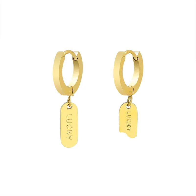 Fashion 18K Gold Hoop Earrings Wholesale Stainless Steel Lucky Engraved Mini Rectangle Tag Mismatched Huggie Hoop Earrings
