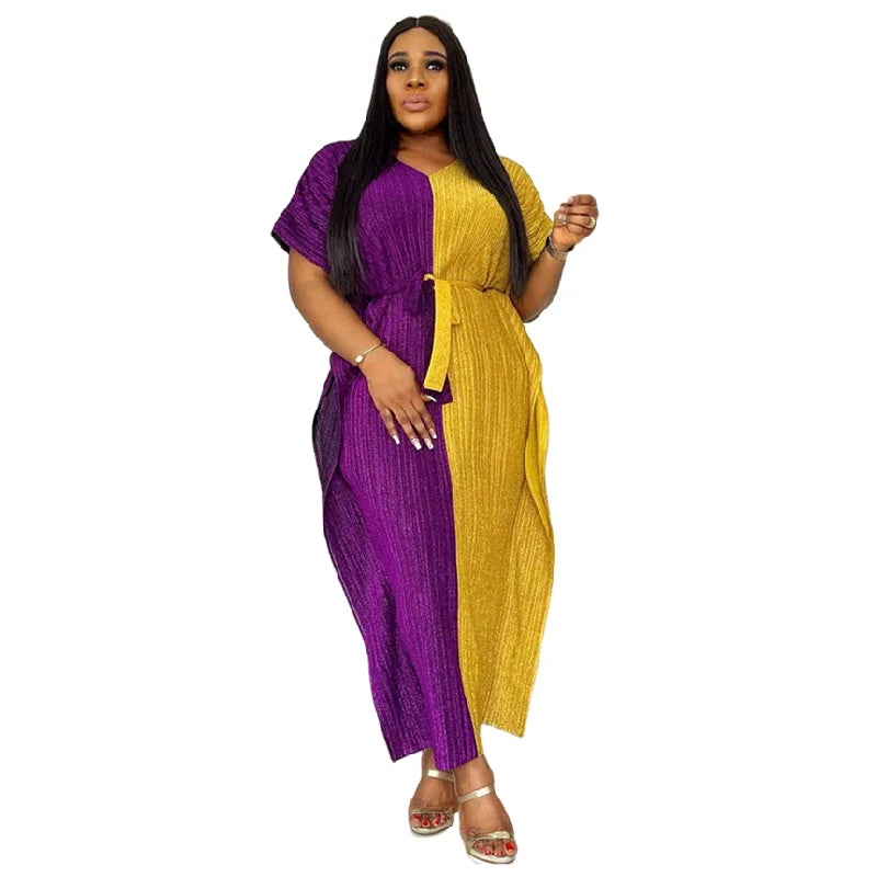 Y22602 Wholesales African Ethnic Dresses Two Color Patchwork Short Sleeve Long Dress Women Robe Femme With Gilding Elastic Belt