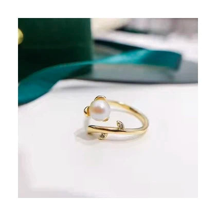New Trendy 925 Silver Pearl Ring Freshwater Gold-Plated Adjustable Jewelry Feminine and Elegant