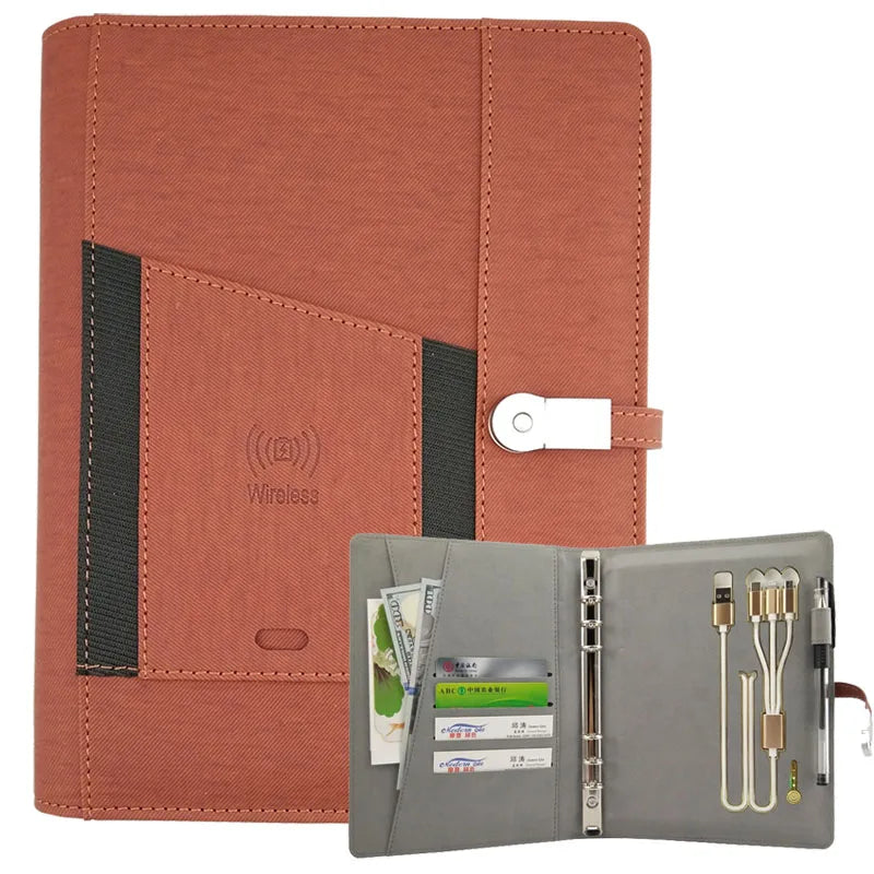 Customised Business Item Journal Notebook Powerbank Wireless Charging Notebook With Usb Cable Notebook With 6-ring Binder