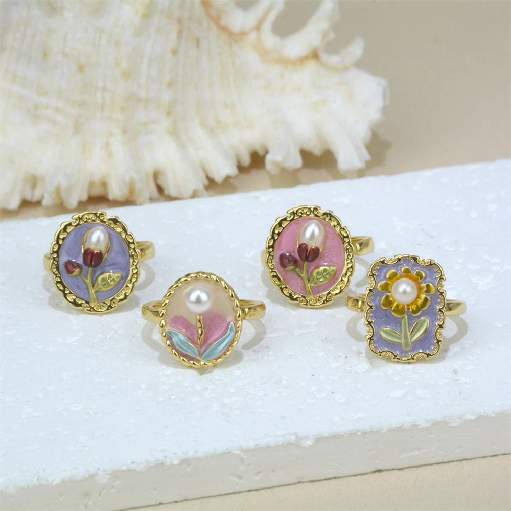 New Designs Geometric Fashion Cute Jewelry Rose Sunflower Monet's Garden Style Rings Gold Plated Freshwater Pearl Ring for Women