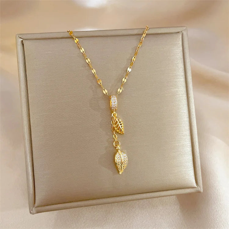 Wholesale New No Fade Stainless Steel 18k Gold Plated Vintage Tassel Double Layer Leaf Zircon Necklace