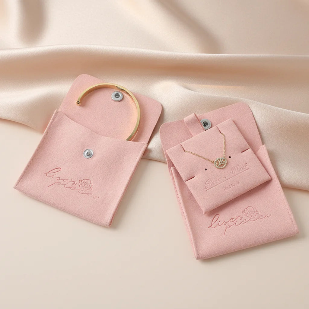 Custom Logo Luxury Snap Microfiber Jewelry Pouch with Insert Envelope Button Velvet Suede Gift Packaging Bag & Pouch