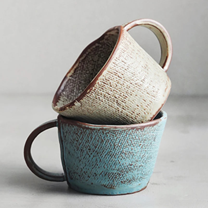 Retro Style Ceramic Cup with Fabric Texture Hotel Handmade Breakfast Set Coffee Mug with Grip Handle and Bread Plate