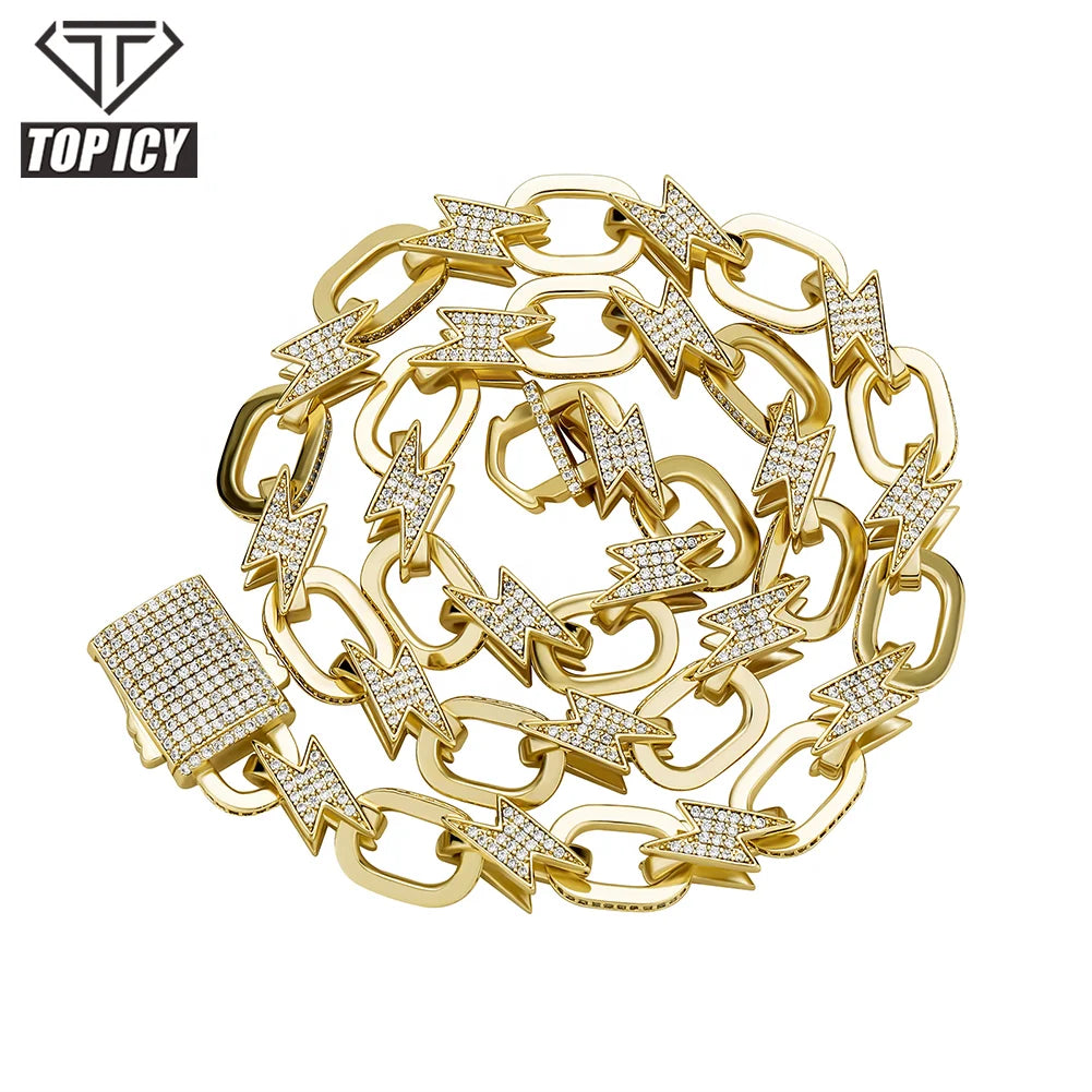 Luxury Bracelet Fashion Hot Selling 12mm 18inch 22 Inch Hip Hop Gold Silver Chain Gold Plated Necklace Lightning Necklace