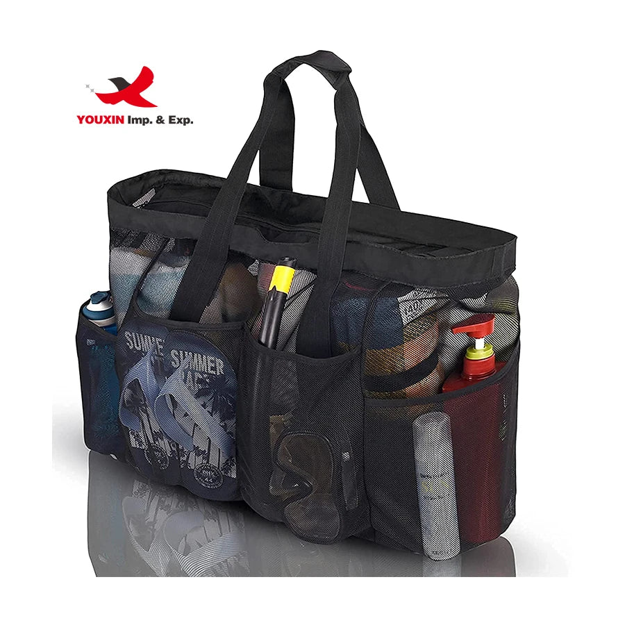 Black Mesh Beach Bag Large Toy Bag Sand-Proof Lightweight Portable Shoulder Handbag Beach Tote Bag