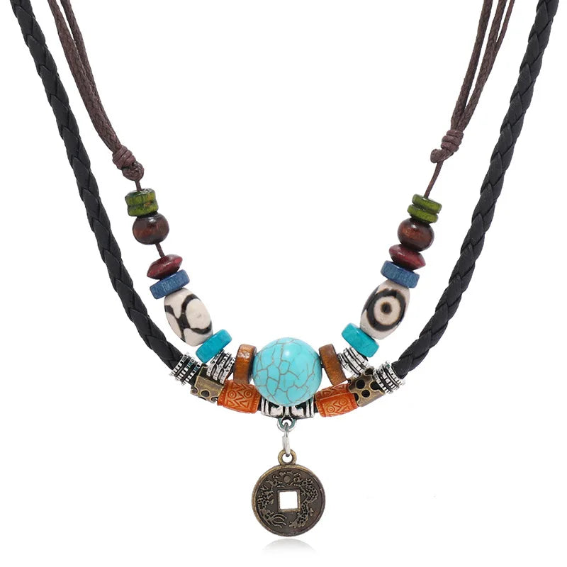 Hot Selling Custom Personalized Turquoise Beaded Vintage Multi Layered Braided Leather Chain Men Necklace