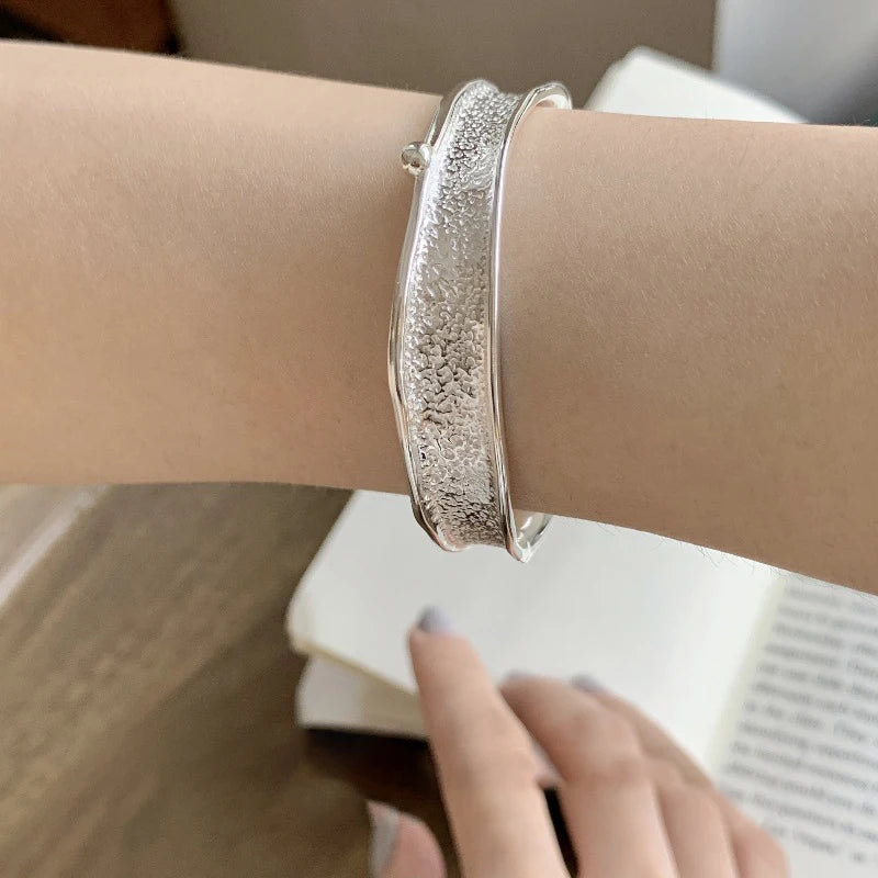 High-End S925 Pure Silver Wide Textured Concave Opening Bracelet Glittering Silver Niche Design Fashion Bangle