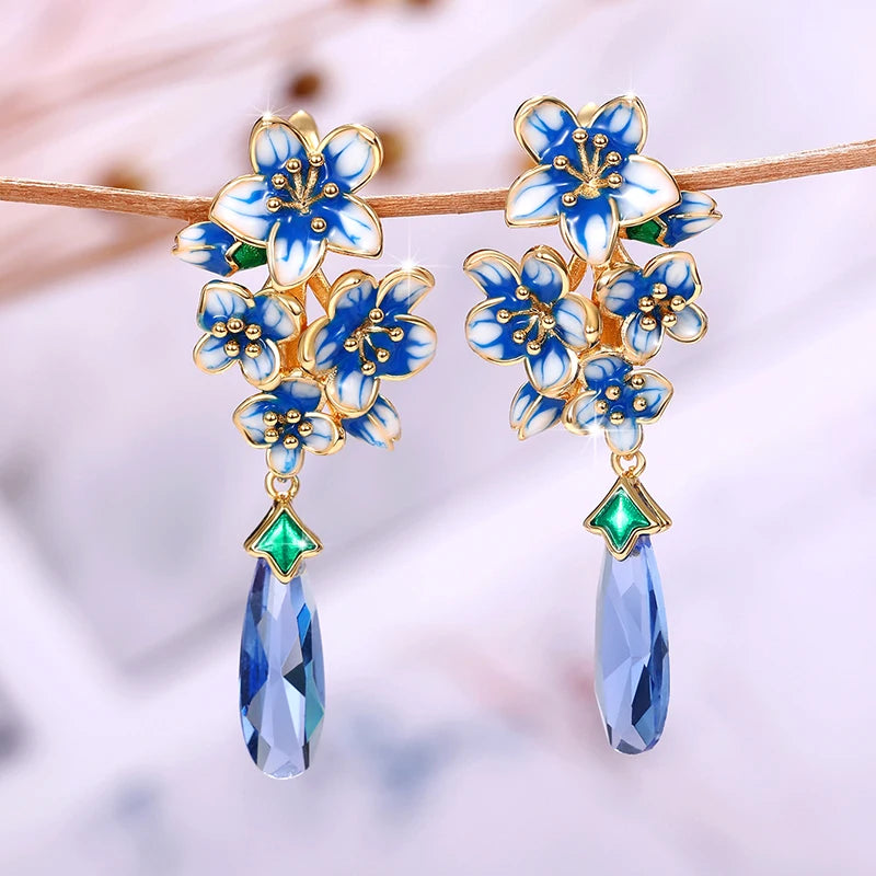 CAOSHI Hot Sale Blue Flower Enamel Earrings for Women Gold Color Wedding Party Romantic Lady Long Drop Earrings
