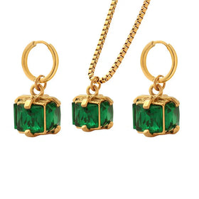 Tarnish Free 18K Gold Plated Stainless Steel Jewelry Luxury Square Emerald Green Zircon Pendant Necklace Earrings Set for Mother